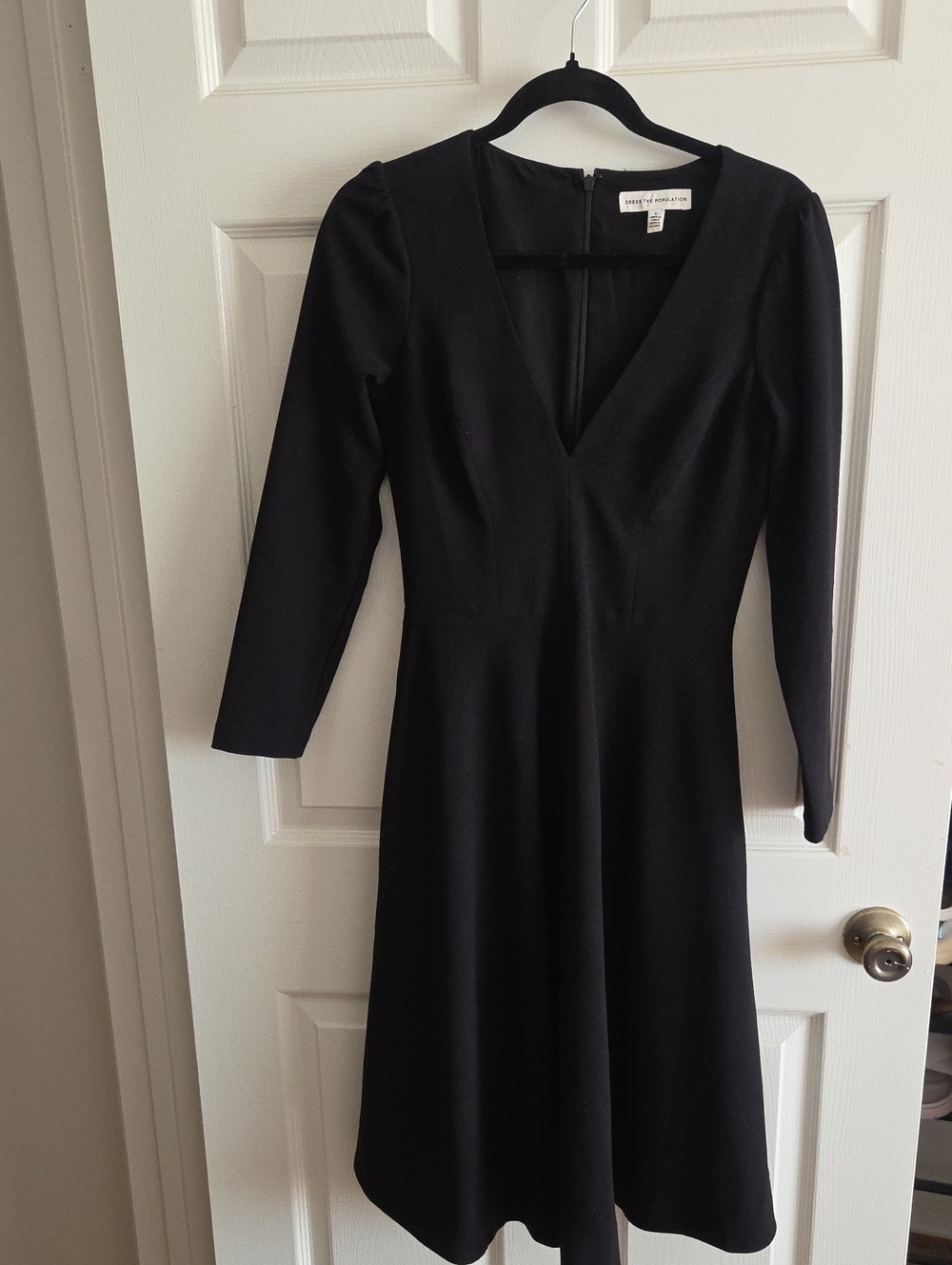 Dress The Population Black V-Neck Long Sleeve Fit-and-Flare Dress